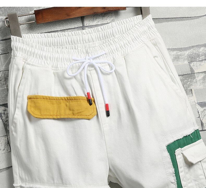 Sommar män casual shorts vita jeansshorts bra män bomull lösa shorts jeans elastisk midja jeansshorts