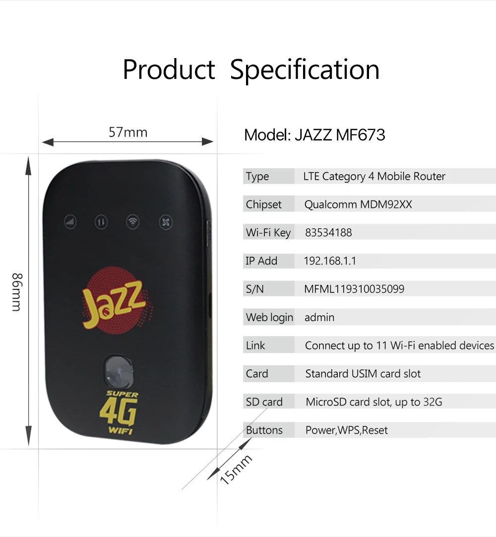 Unlocked 4G Jazz MF673 Hotspot 4G Lte Pocket Wifi Draadloze Router Pk Zte Wipod WD670 850/1800Mhz