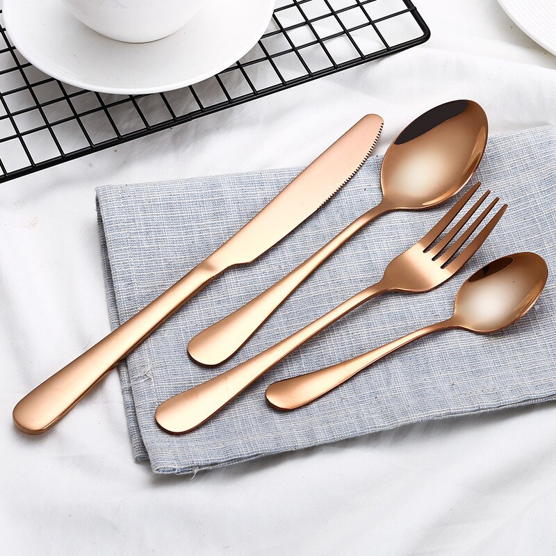 Black Gold Cutlery Set 18/10 Stainless Steel Fork Spoon Knife Set Mirror Tableware Set Portable Kitchen Spoon Silverware Set: yellow