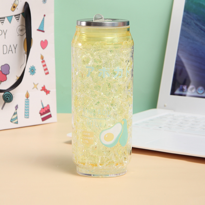 Śliczne dwuwarstwowa plastikowa butelka wody koksowniczej zgnieciona słoma lodowa 450ml kubek BPA bezpłatne naciskać pokrywa podróż oraz wycieczka Puchar prezent urodzinowy: żółty