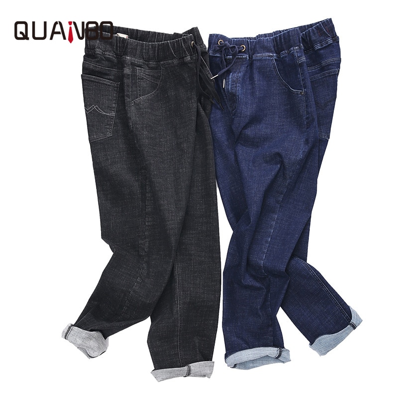 Plus size 44 46 48 svarta herrjeans helårsbyxor herr lös resår midjeelasticitet raka jeansbyxor stretchjeans