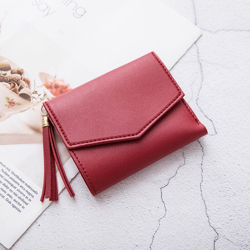 Women Tassel Love Heart Mini Wallets Black Pu Leather Coin Purse Simple All-match Student Card Holdeer Bag: Red 2