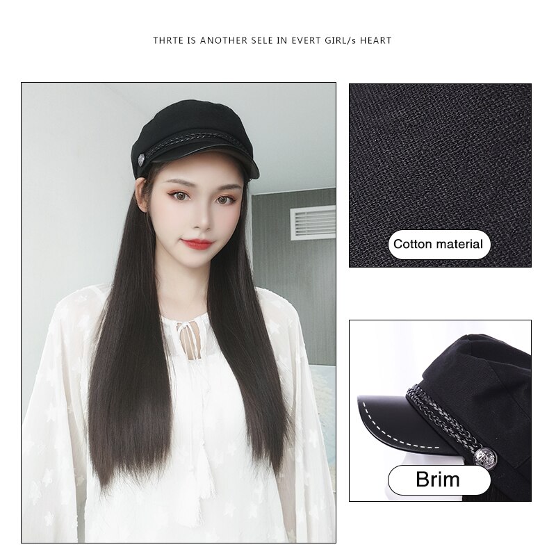MUMUPI-Peluca de sombrero extensible para mujer, gorro de marinero sintético liso con cabello largo, peluca integrada, extensión de cabello adecuado para