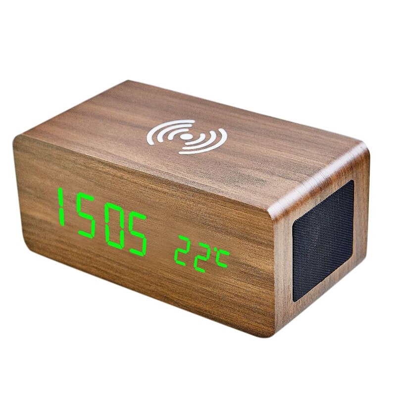 Wood Alarm Clock Bluetooth Speaker Desk USB Digital Clocks LED Wireless Charging Phone Temperature Wooden Table: Brown   green