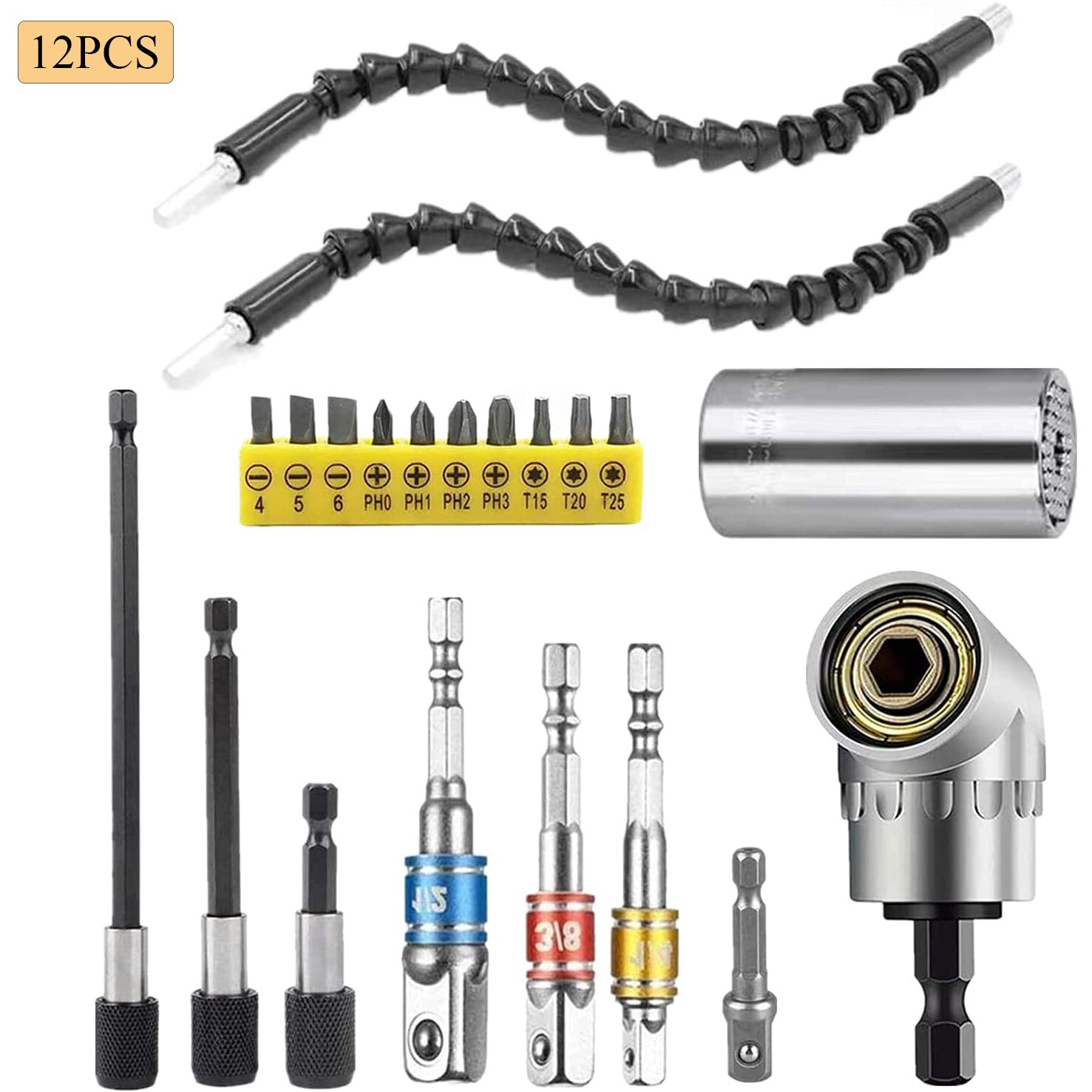 Extension Universal Socket Wrench Flexible Drill Bit Tool Set, 1/4 3/8 1/2 Universal Socket Adapter Screwdriver Bit Kit: 12PCS
