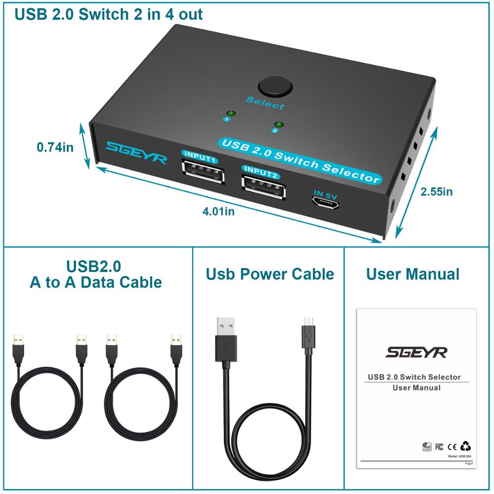 Usb Switch Selector Kvm Switch Switcher 2 Pcs Sharing 4 Usb 2.0 Apparaten Met Een Knop Swapping En 2 pack Usb A Naar Een Kabel