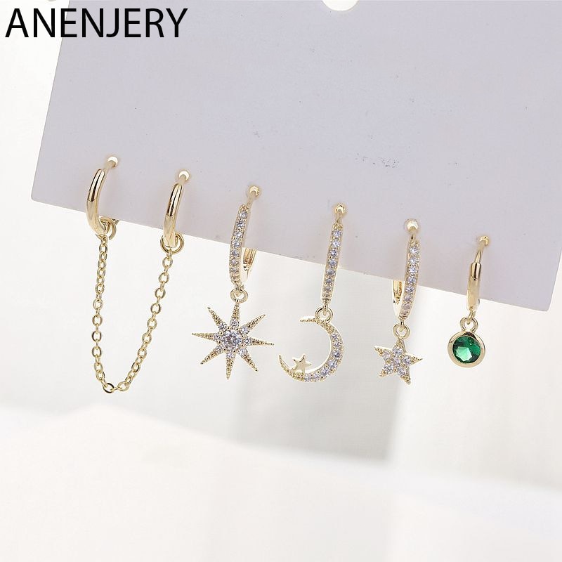 ANENJERY couleur argent 5 pièces boucles d'oreilles ensembles mosaïque cubique Zircon lune étoile Double trou d'oreille cerceau boucles d'oreilles ensembles pour les femmes