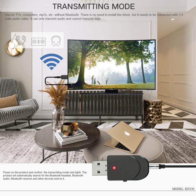 Receptor transmisor de Audio KN330 con Bluetooth 5,0, adaptador inalámbrico de doble salida, dos en uno, USB, ordenador, TV, Coche