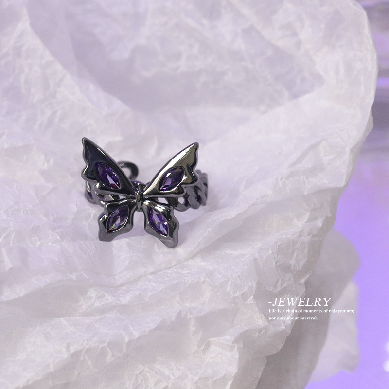 Trendy Gothic Butterfly Open Adjustable Ring Personality Purple Zircon Punk Rings for Women Wedding Party Jewelry Whole