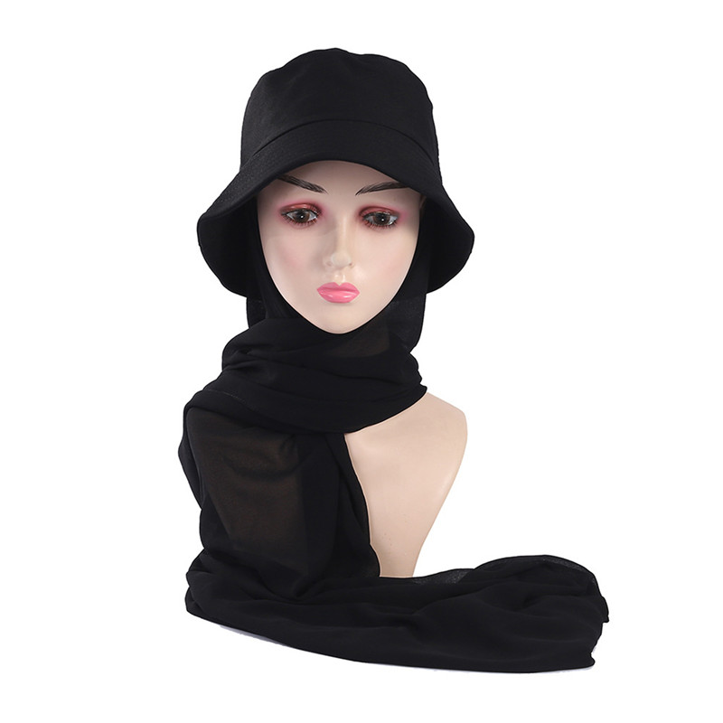 Chapeau avec Hijab en Mousseline de Soie pour Femme Musulmane, Casquette de dehors d'Été, Prêt à vitation, Hijab Instantané, Écharpe de Sauna Islamique, , E27: Black