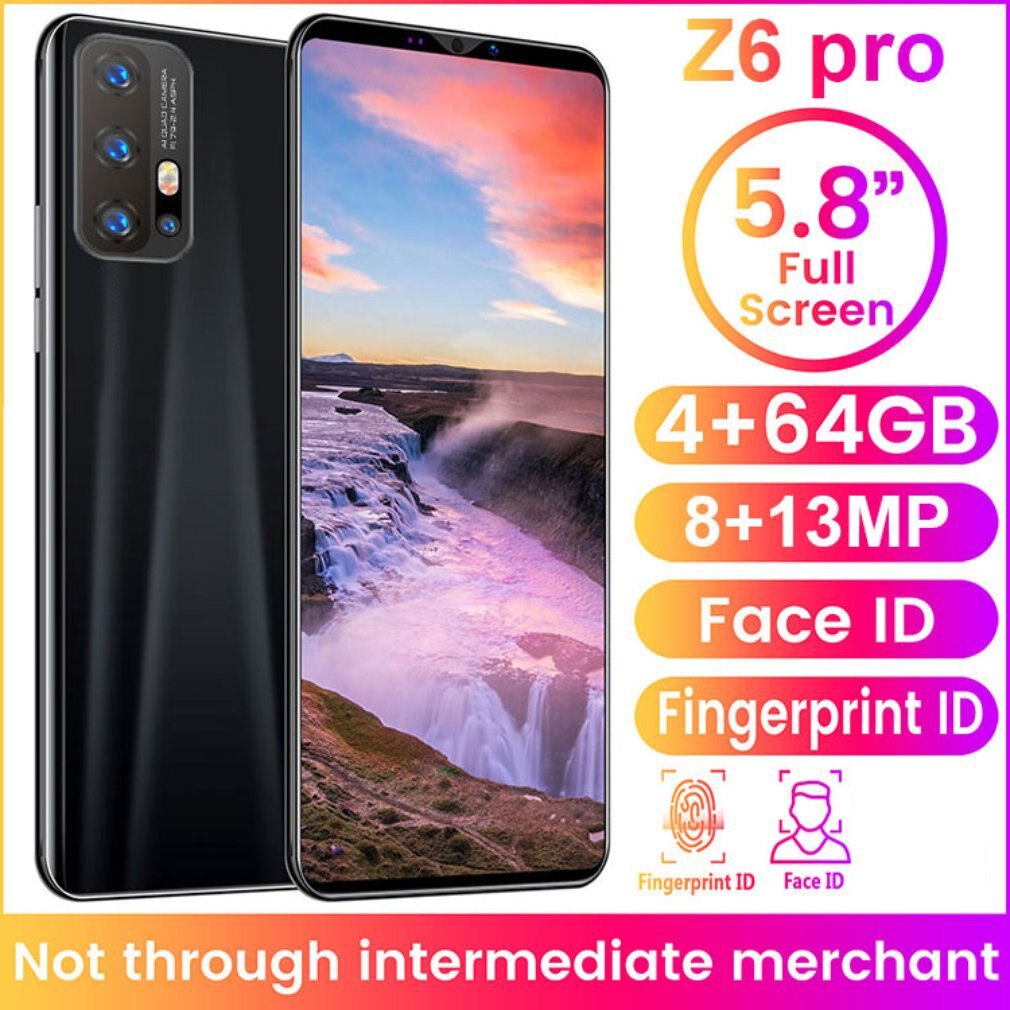Z6 Pro Smartphone 5.8 Inch Scherm Smartphone 512M + 4G Android Smartphone 3D Glas Plated Achterkant Zwart