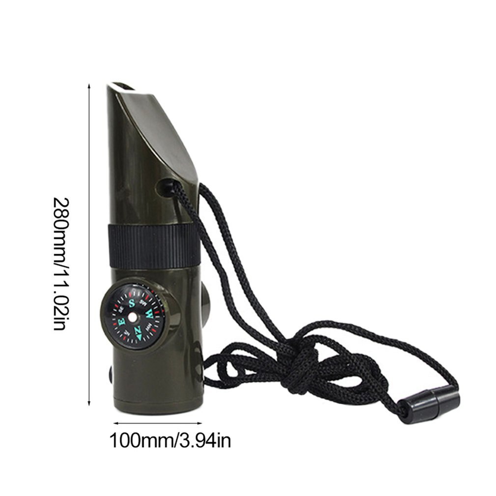 Multifunctional Whistle 7 In 1 Survival Trekking Compass Mirror Torch Magnifier Led Light Thermometer Storage Tools