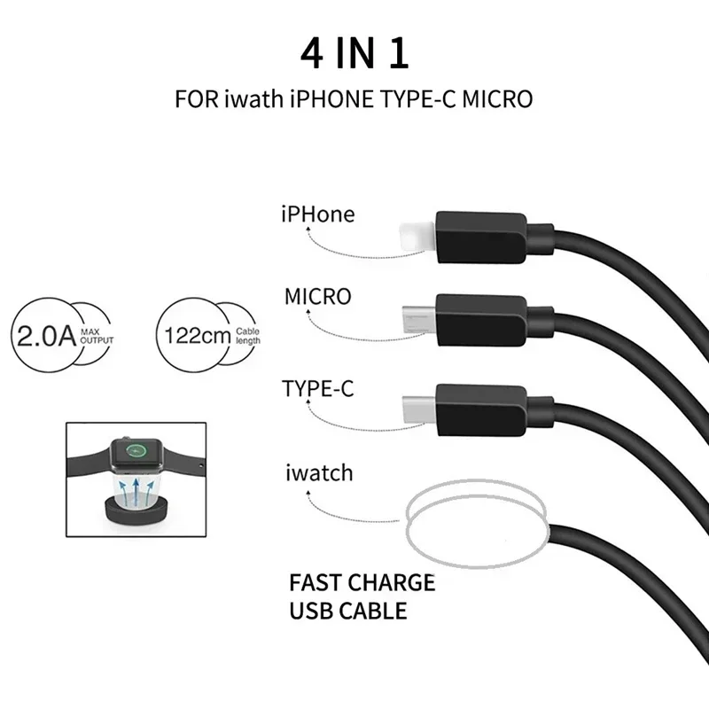 4 in 1 magnetisk trådlös laddare usb typ c pd-laddningskabel snabb klocka för iphone 14 / android apple watch iwatch 1-9 ultra se