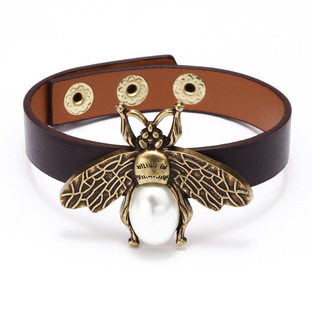 Kirykle Cute bee women bracelet Adjustable leather bracelet Charm Gold Alloy set zircon bee bracelet Femme Party Jewelry: KR1138-2