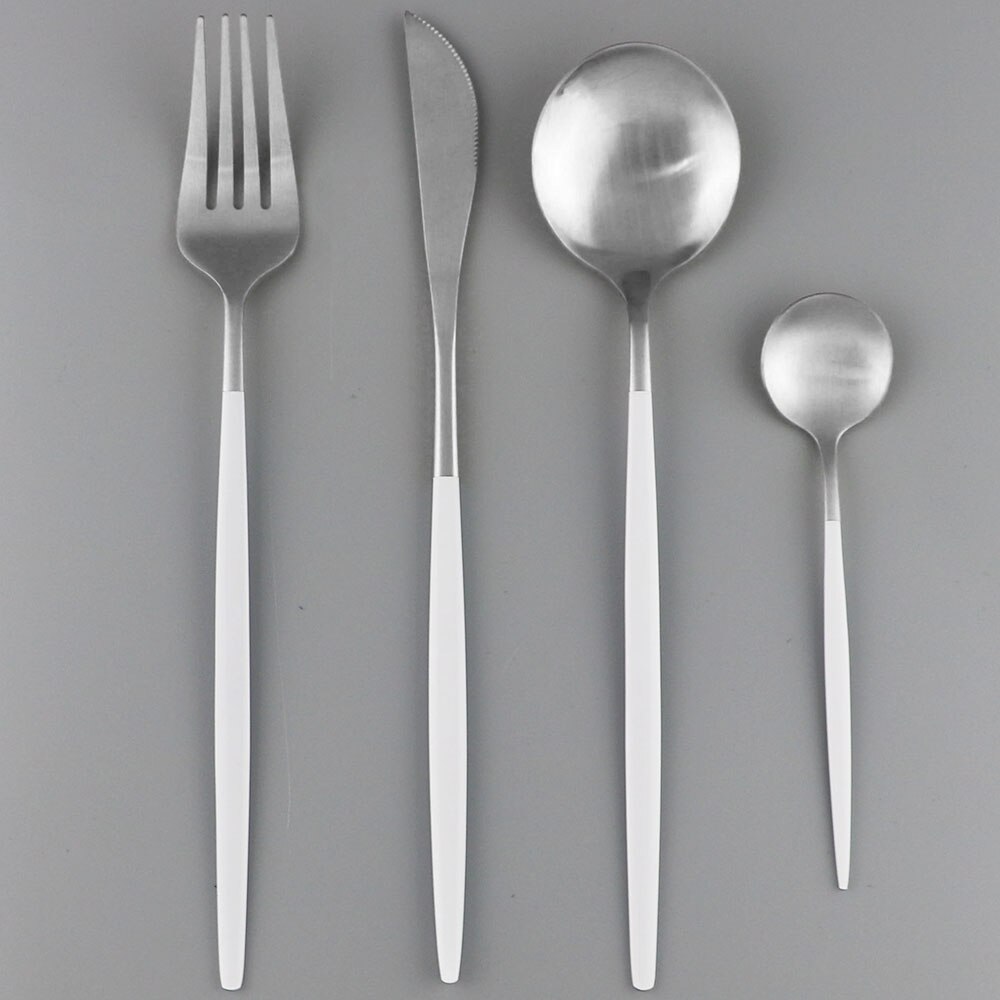 Western 4 pièces rose or mat ensemble de couverts 304 en acier inoxydable vaisselle couteau fourchette cuillère vaisselle cuisine dîner couverts ensemble: White Silver