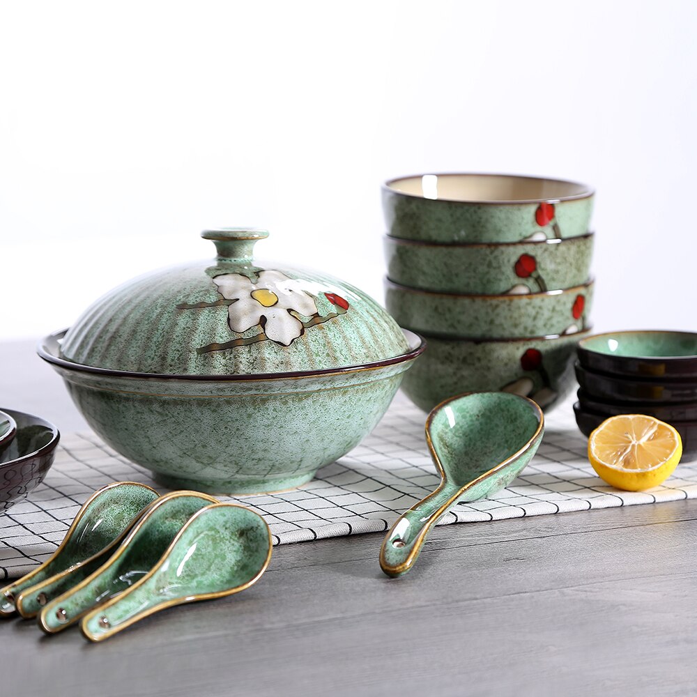 Kiln Glaze Japanese Ceramic Tableware Home Use Crockery Salad Bowl Spoon Steak Plate Set Dishes Hand Painted Floral Pattern