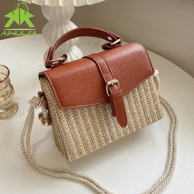 Mode Pu + Stro Dames Handtas Zomer Vintage Rotan Schoudertassen Bohemen Handgemaakte Kintted Strand Reizen Messenger Bag