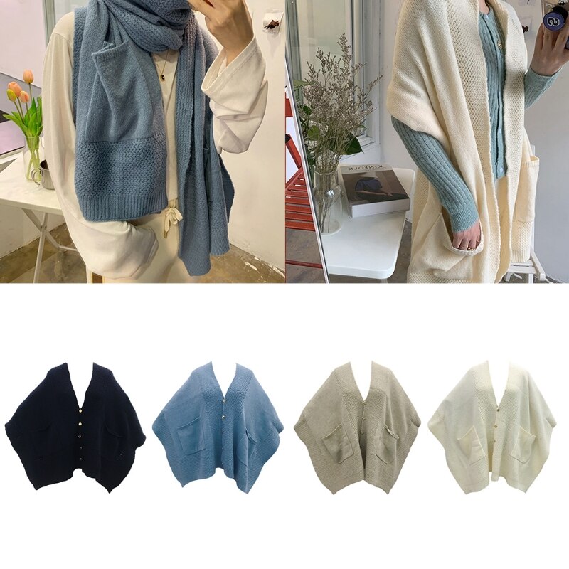 Koreaanse dames winter gebreide oversized poncho deken cape met grote zakken aan de voorkant effen kleur sjaal wikkel trui met knoopjes ca