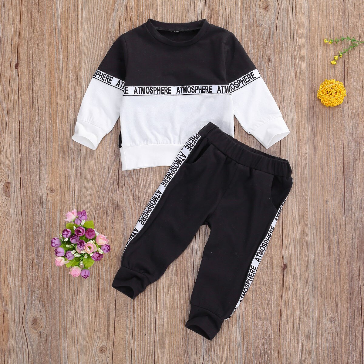 Herfst kinderpak lange mouwen broek pak persoonlijkheid stiksel ronde hals t-shirt + effen kleur elastische lange broek