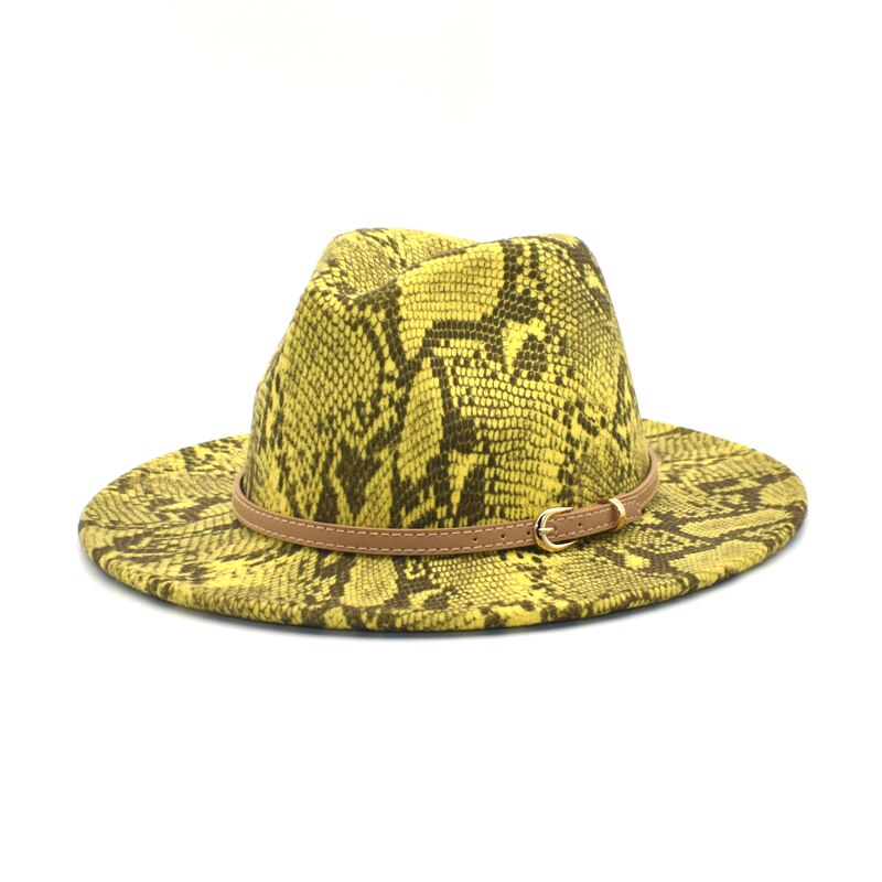 Fuodrao Snake Print Fedora Hoeden Voor Vrouwen Wide Brim Vilt Herfst Winter Britse Vintage Trilby Mannen Jazz Hoed F133: Geel