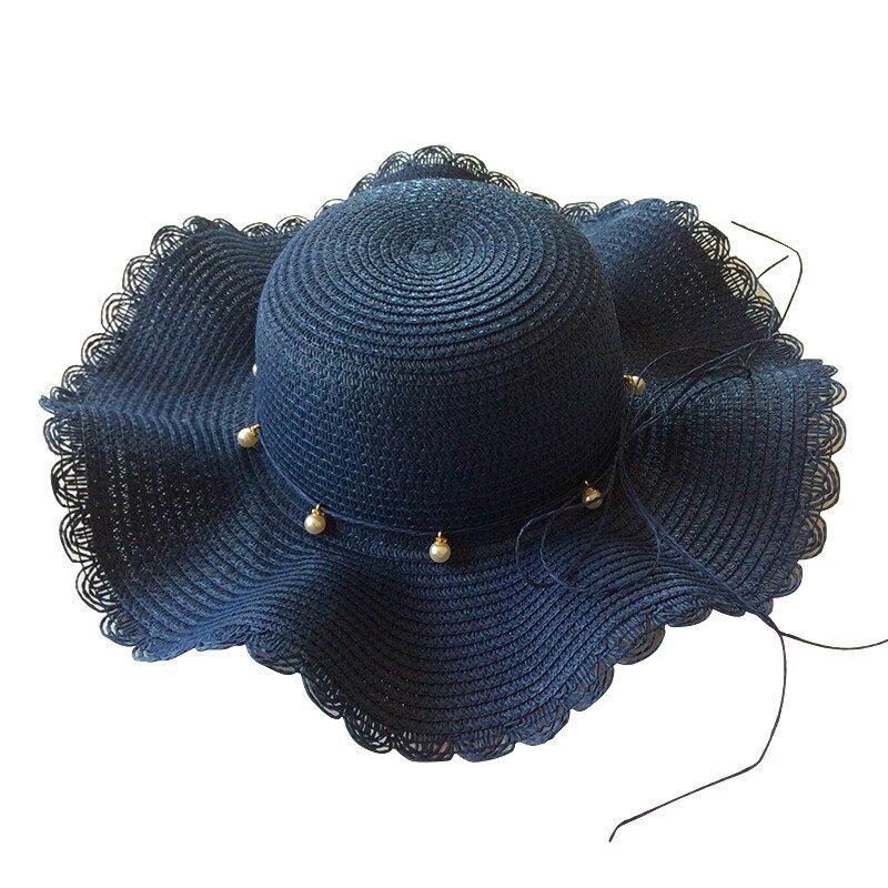 Parelversiering strohoed voor dames zomerhoed dames zonnehoeden petten: Marine