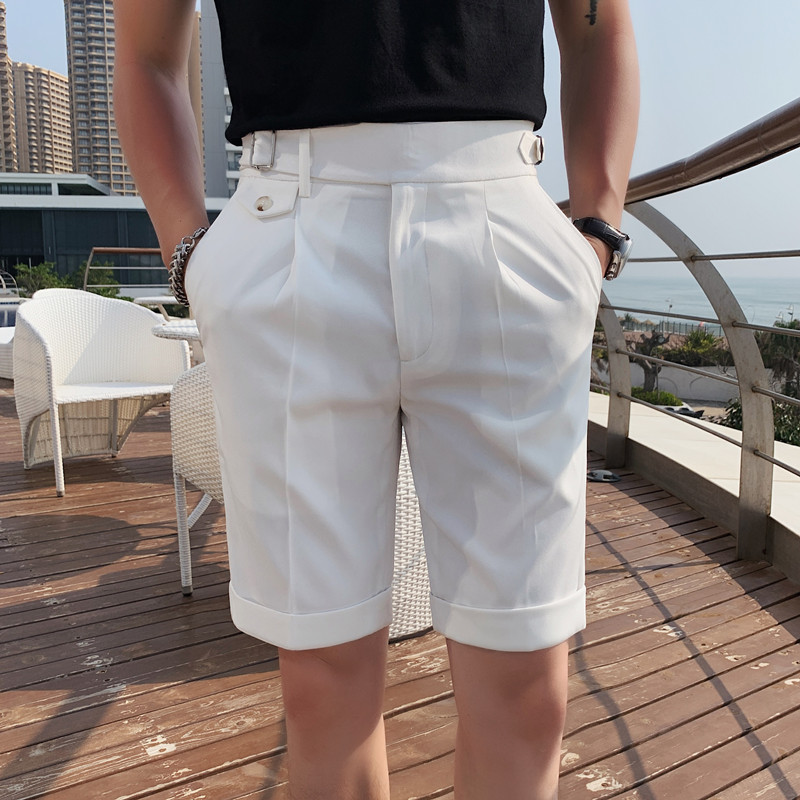 Brytyjski styl lato Slim Fit garnitur szorty mężczyźni odzież 2022 proste kolano długość dorywczo proste krótkie Homme formalna odzież: WHITE / 30