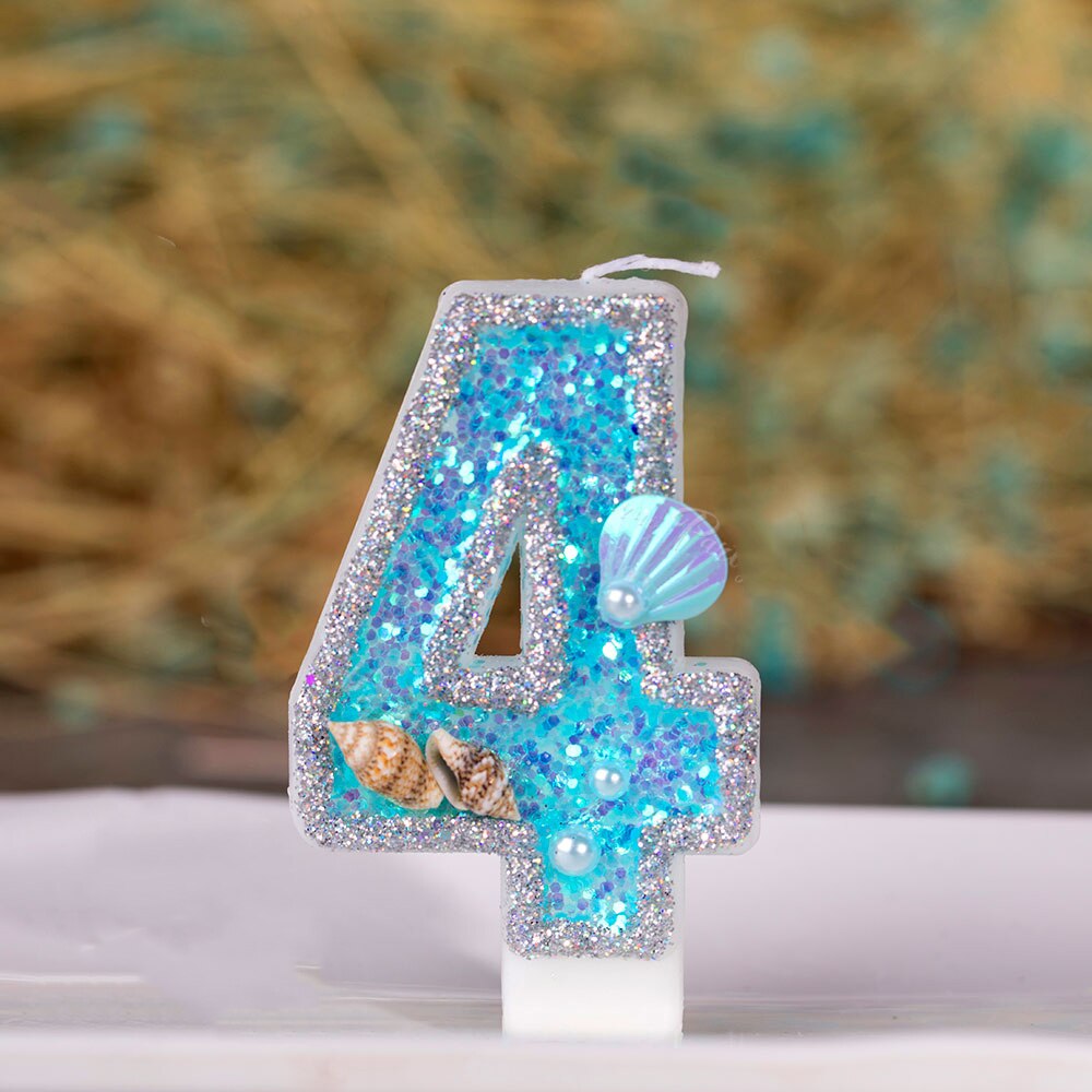 Decoraciones azules para pastel de cumpleaños de bebés y niños, vela de concha de océano brillante para Baby Shower, recuerdo para niños de 0 a 9 velas, suministros para hornear: 4