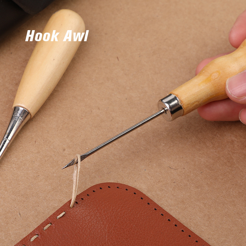 Punzón de costura con mango de madera, herramienta de punzón para rascar, punzonado para bolsa de cuero, herramienta de reparación de zapatos de costura hecha a mano, 1 ud.