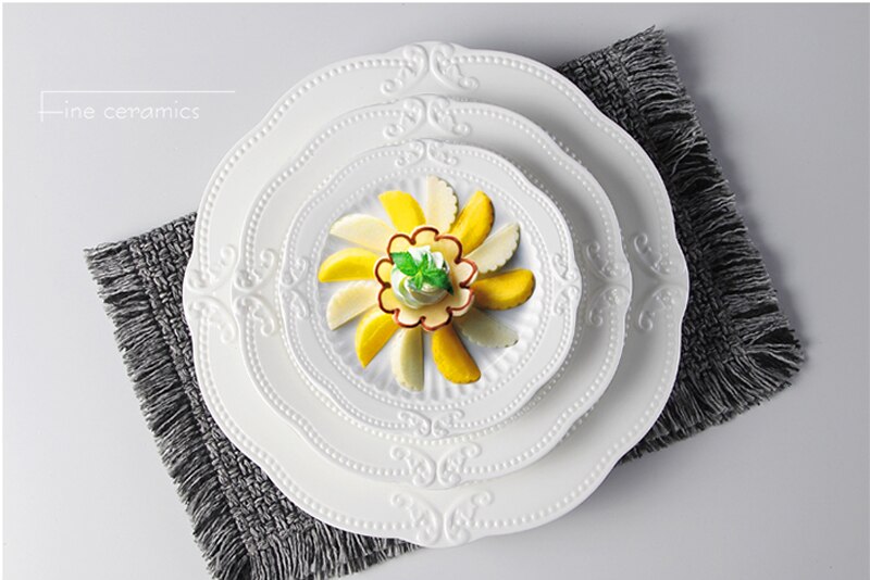 24pcs set, white embossed porcelain dinner set, ceramic servies dinnerware, borden servies chafing dish, palace dishes and plate