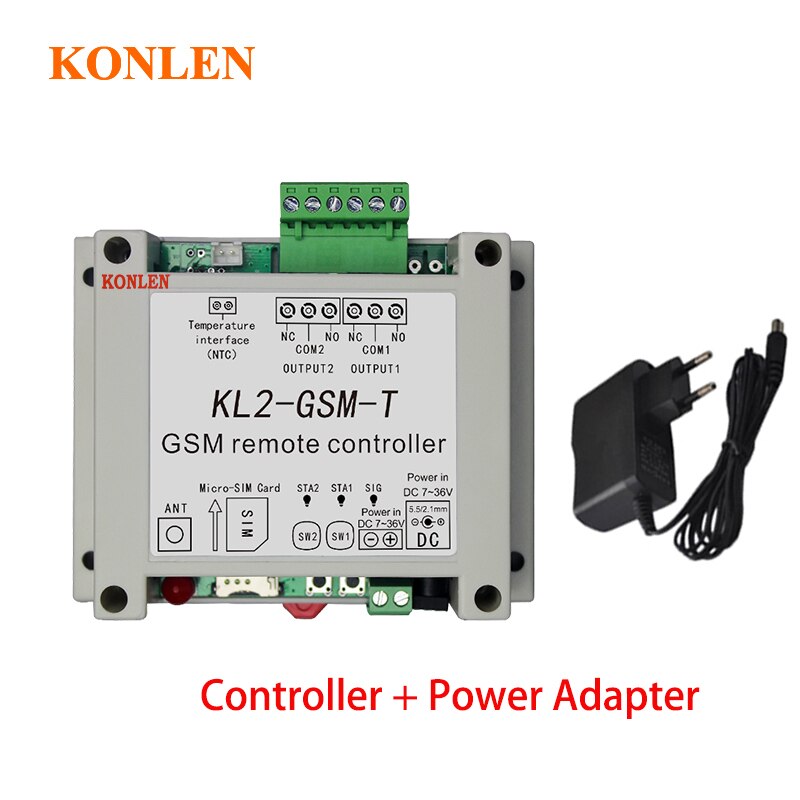 KONLEN-controlador de relé GSM de 2 vías, Sensor de temperatura de llamada SMS, Control remoto, automatización inteligente del hogar, interruptor SIM, abridor de puerta de garaje: Add Adapter