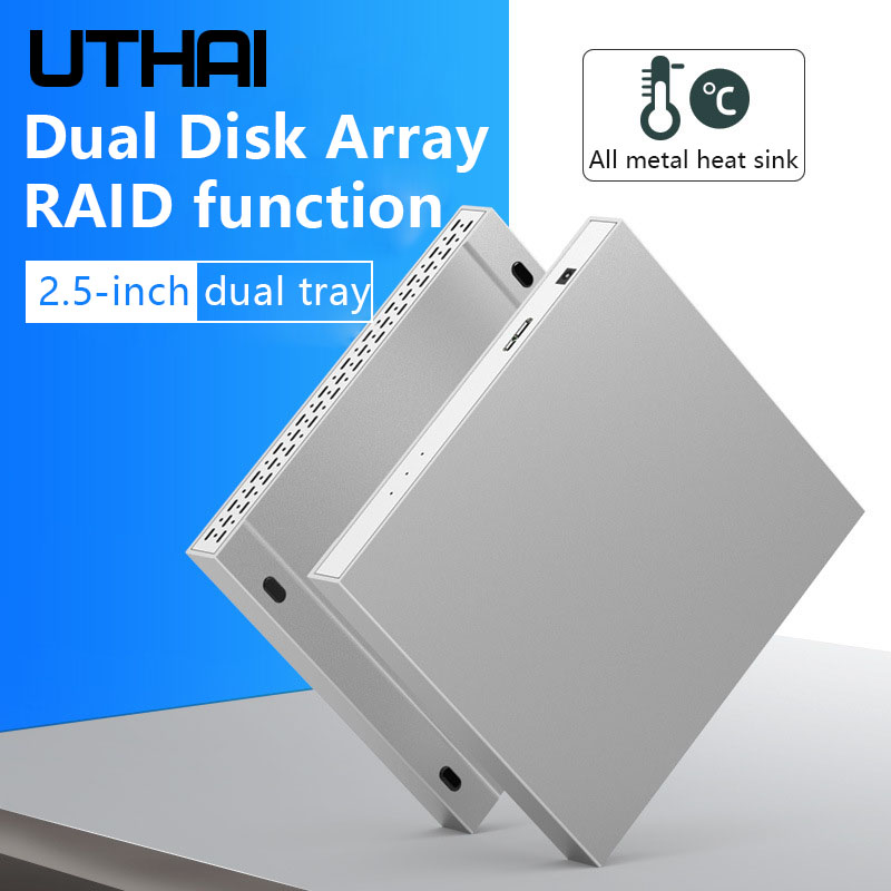 UTHAI 2.5 Inch Mobile HDD Enclosure Dual-Bay RAID Disk Array USB3.0 / Type-C 5Gbps Metal Solid State Hard Disk Box