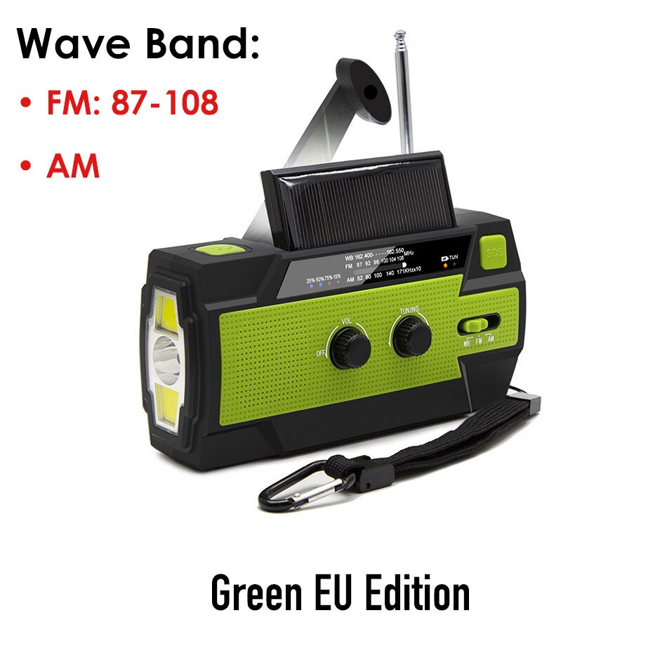Linterna de Radio de emergencia , batería Solar USB, accionada a mano con manivela Radio AM/FM/WB, batería externa de 4000mA, linterna IPX3 resistente al agua: Green EU