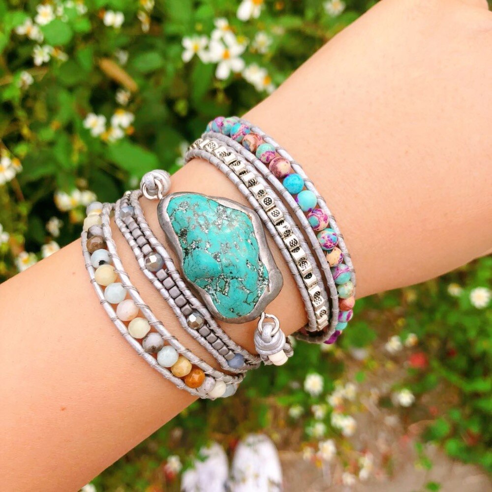 Gratis Epacket Boho Gevlochten Lange Wrap Armband Natuurlijke Turquoise Stone Armband