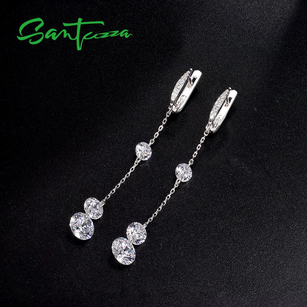 Boucles d'oreilles en argent SANTUZZA pour femmes pur 925 argent Sterling étincelant blanc zircon cubique longues boucles d'oreilles goutte bijoux fins