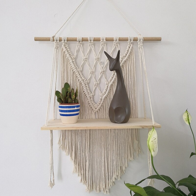 Macramé pared colgante estante estilo bohemio hecho a mano casa niños habitación decoración pared estante borla tapiz-ABUX
