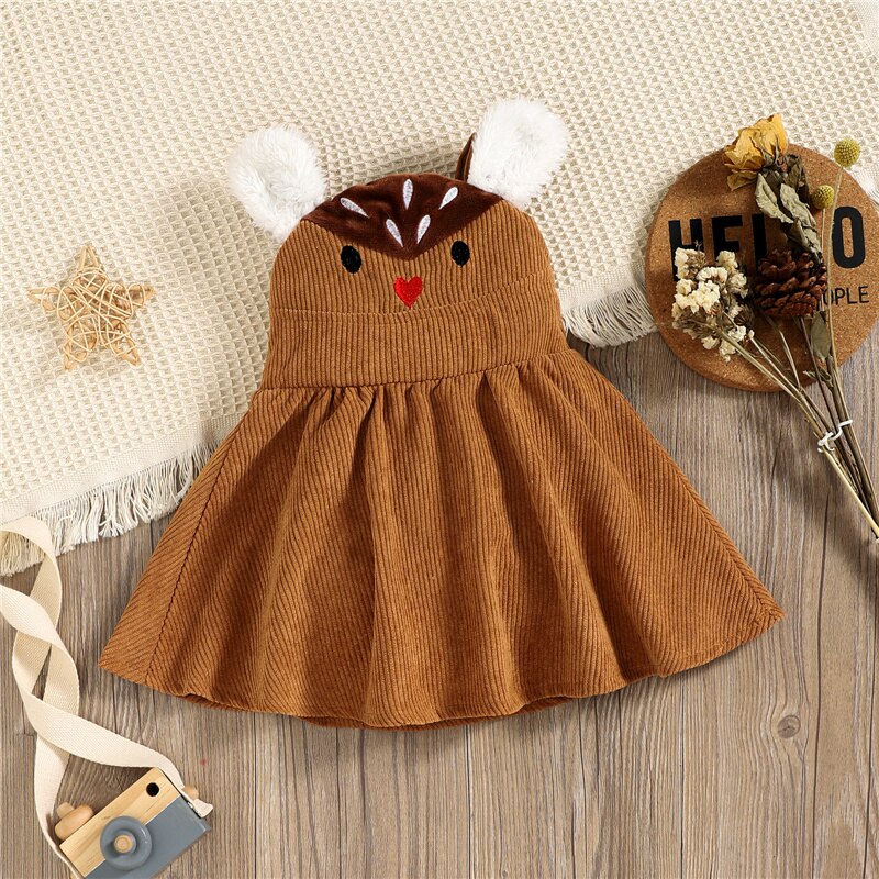 Toddler Girls Cute Fawn velluto a coste Strap Princess abito senza maniche Cartoon Deer Print 3 mesi-3 anni
