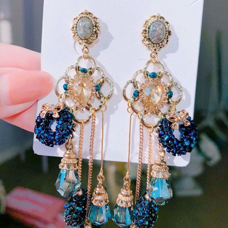 Pendientes largos de borla MENGJIQIAO TV coreana estrella exagerada azul circular de cristal para mujeres elegantes Pendientes de joyería