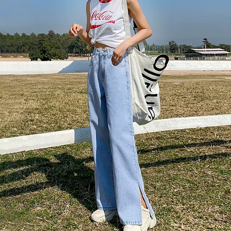 Zomerse gescheurde jeans voor dames, hoge taille denim jeans, harembroek voor dames, coole wijde pijpen, lange blauwe broek