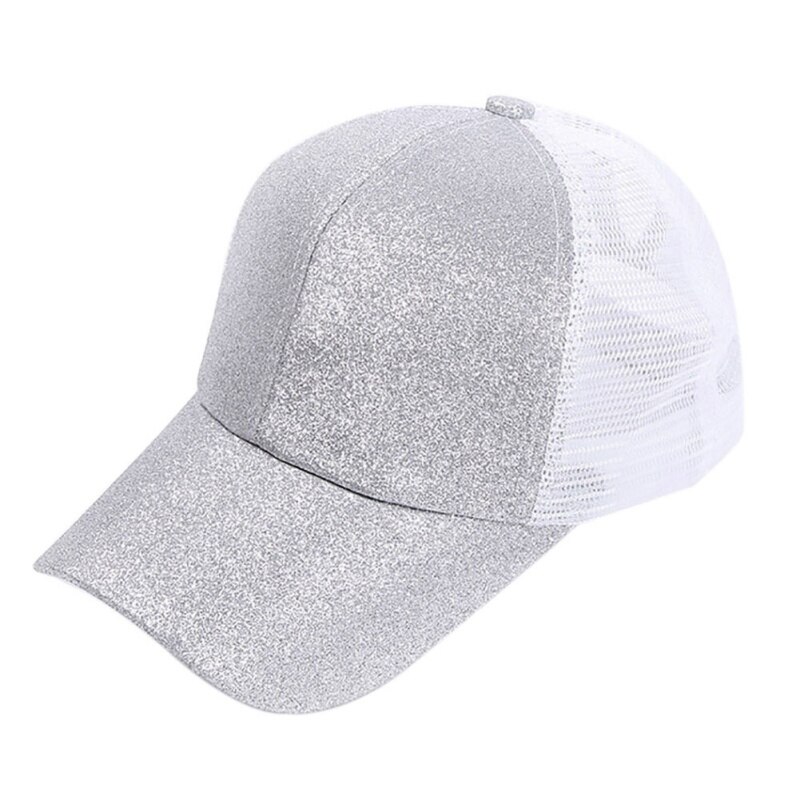 Sommer rodet bun mesh hatte justerbare sport hætter løb cap kvinder mænd bling sequin snapback hat: Sølvgrå