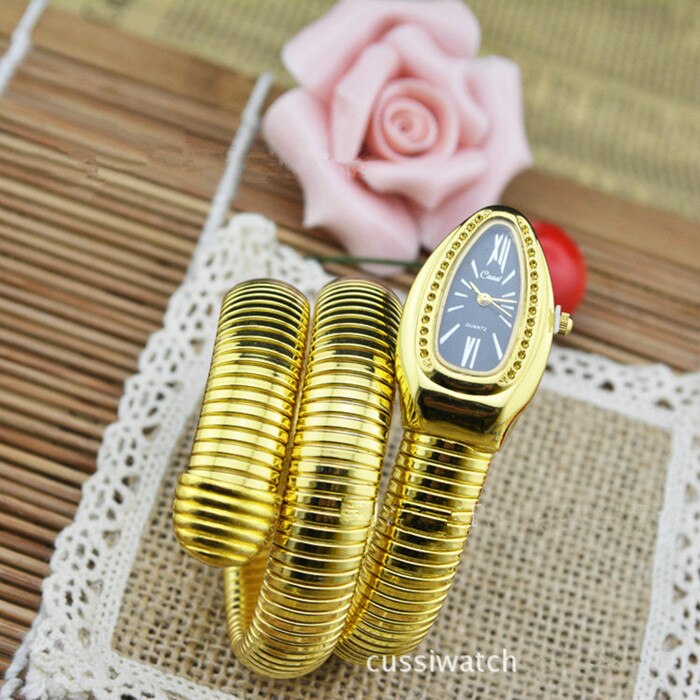 Cussi luksusmærke slangeur guld dameure sølv kvarts armbåndsur damer armbåndsur reloj mujer ur: Guld-sort