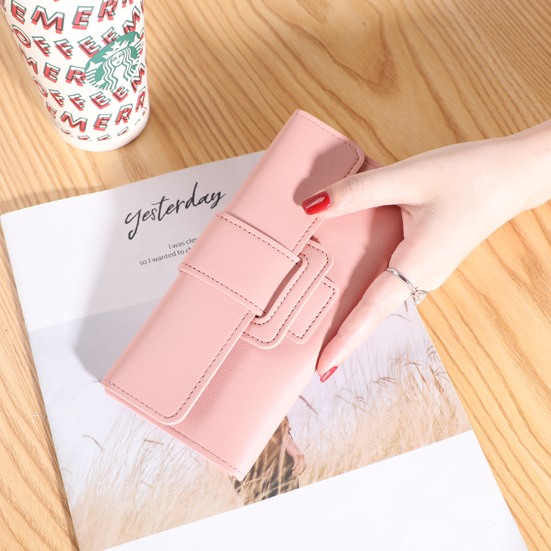 Women's Wallet Long Card Holder Tri-fold Flip Cover Korean Style Student Change Bit Multifunctional Wallet: Pink