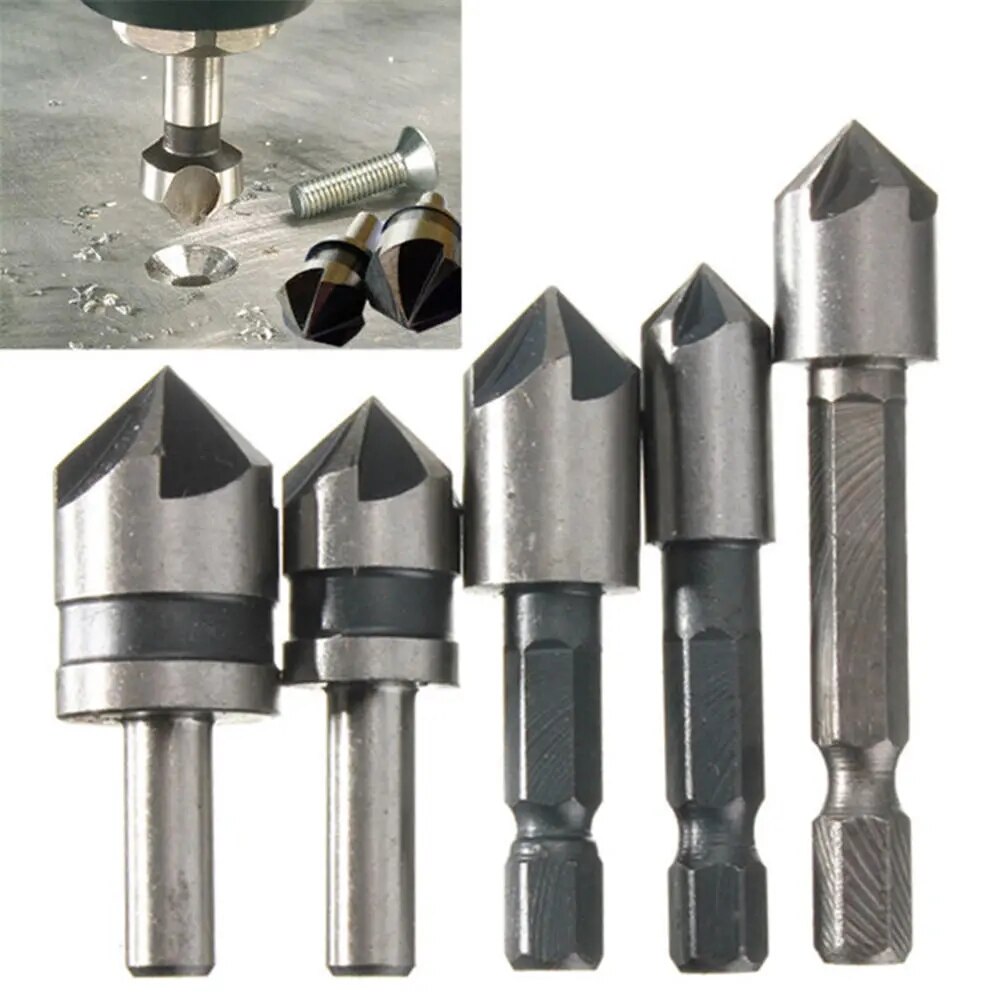 5pcs 5 Flute HSS Countersink Drill Bit Set 82 Degree 1/4inch Shank Counter Sink Chamfering Bits Cutters For Woodwork Power Tools