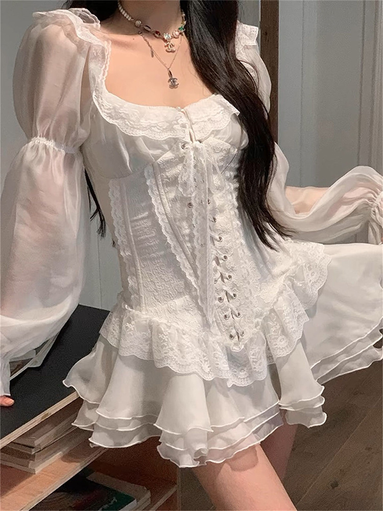 Women Lace Up French Vintage Aesthetic Sweet Slim Mini Dress Short Partyclub Dress Female Solid Gothic Dress Streetwear: S