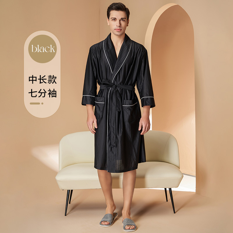 2023 Cool Satijnen Zijden Badjas Voor Heren Dames Lente Zomer Mooie Streep Kamerjas Huiskleding: XL / Black