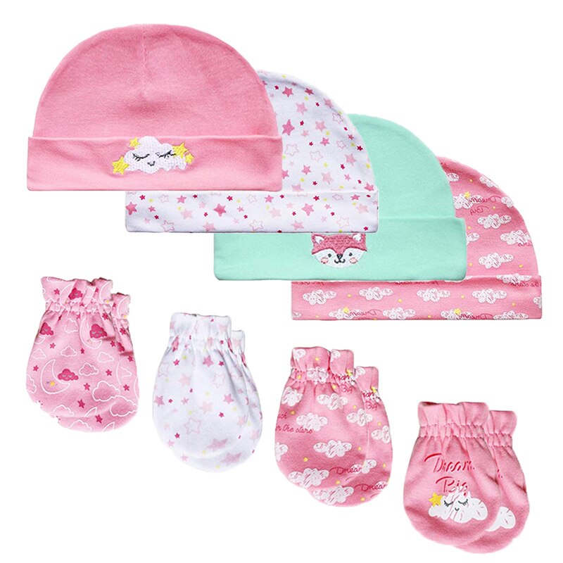 12pcs/pack Newborn Girl Baby Hats&Mittens 100% cotton Lovely Cartoon Infant set: White