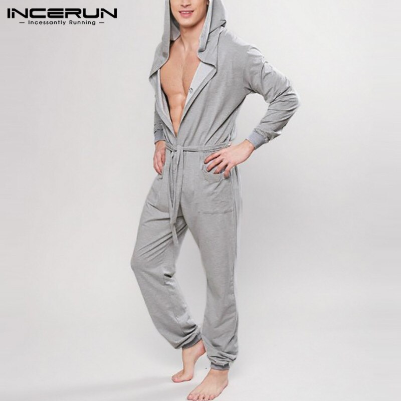 Leisure Solid Jumpsuits Sleepwear INCERUN Men Long Sleeve Buttons Hooded Drawstring Rompers Nightgown Loose Pockets Homewear 5XL