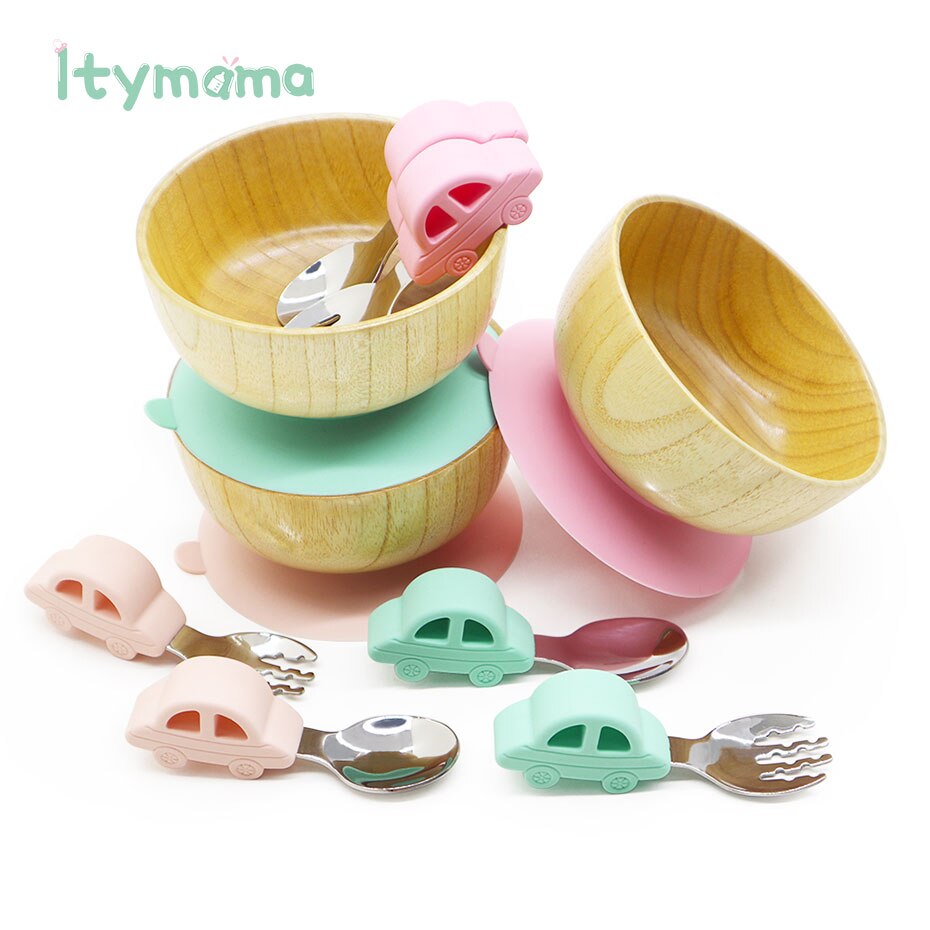 Baby matskål trä sugskål silikon sugkopp baby tallrik matsked gaffel barn porslin fat baby skål