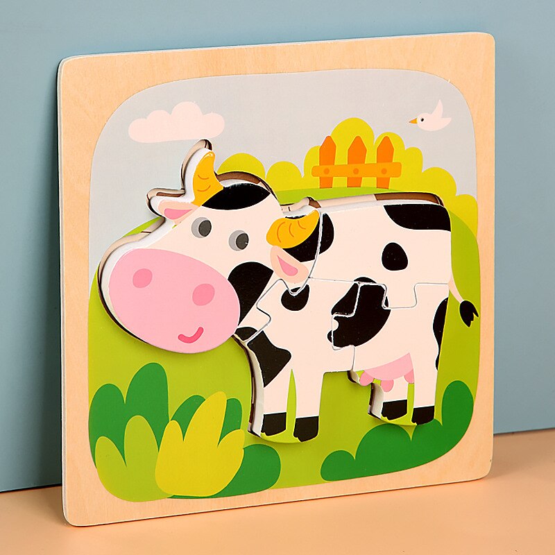 15*15cm Kinder Montessori Spielzeug 3D Holz Puzzle Baby Cartoon Tier/Verkehrs Jigsaw Puzzle Spielzeug für Kinder frühen Lernen: 14-cow