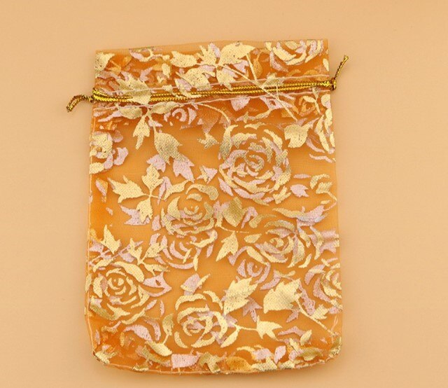 100 stuks/partijen sieradenverpakkingen, organza garen zakjes, net zakjes, gouden stempel snoepkleurige trekkoord bedankjes zakjes: Oranje