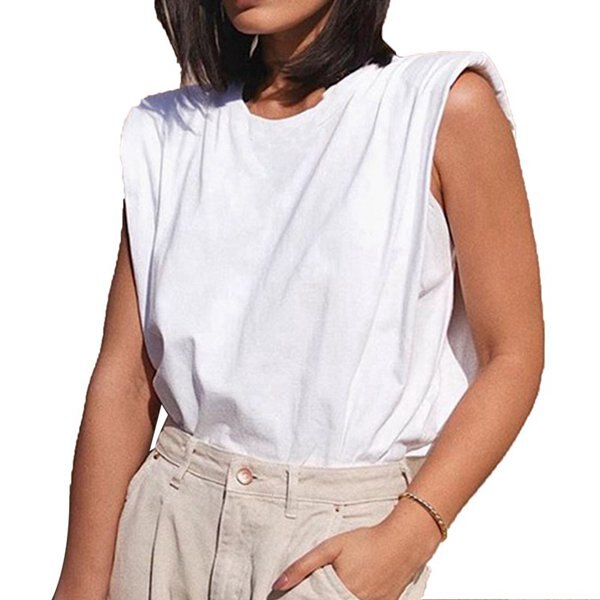 Señoras Casual suelta camisetas sin mangas cuello redondo algodón chaleco: XS / White
